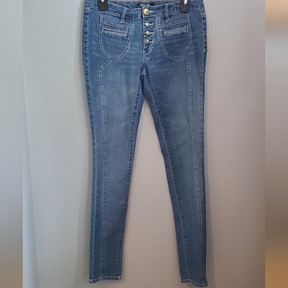 Drama Gold Midrise Medium Wash Skinny Jeans Denim Pants Gold Buttons